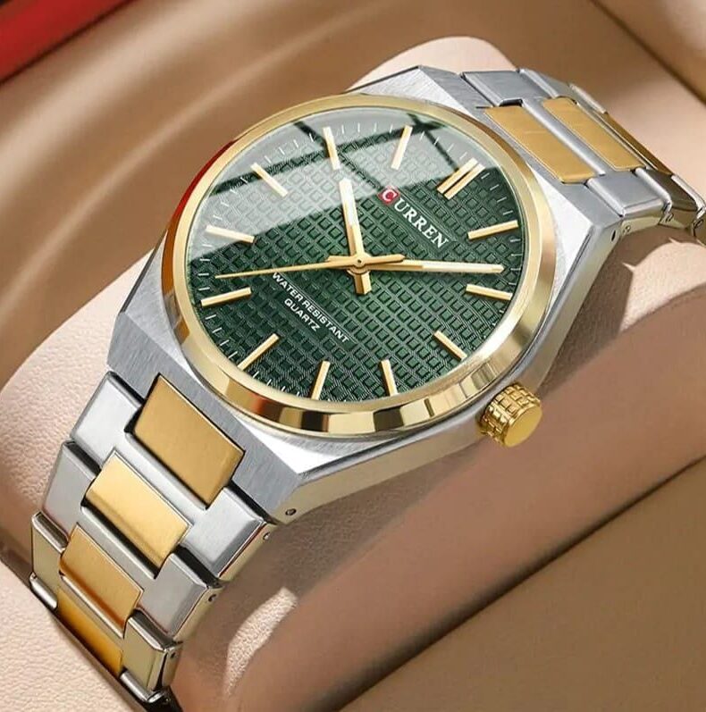 " side view displaying the polished stainless-steel case and crown detail "