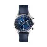 "Front view of the TAG Heuer Carrera Chronograph Automatic 39mm, showcasing the elegant chronograph dial with sub-dials, baton markers, and date window."