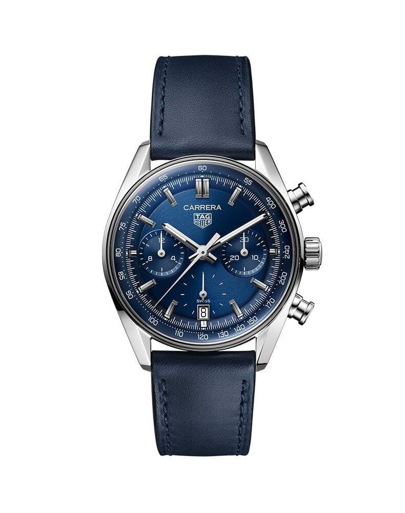 "Front view of the TAG Heuer Carrera Chronograph Automatic 39mm, showcasing the elegant chronograph dial with sub-dials, baton markers, and date window."