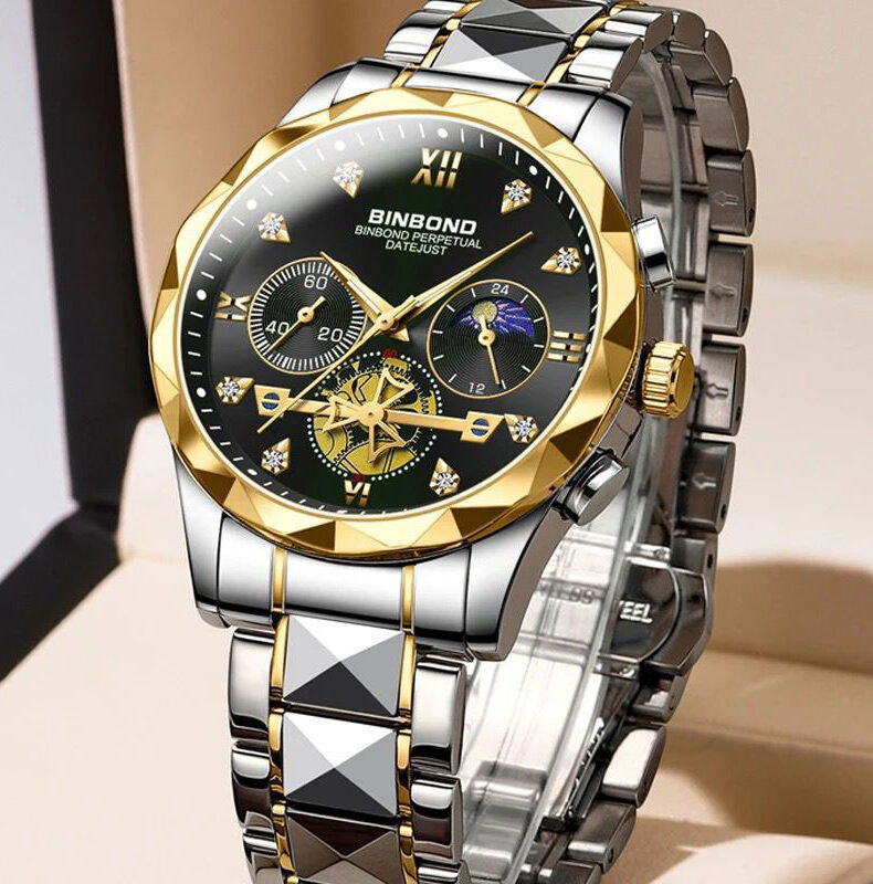 "Luxury Binbond Perpetual watch with a stainless steel case, elegant dial, and date window, perfect for formal and casual wear."