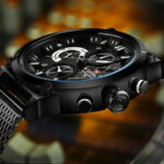 Side view of the Naviforce NF9068S, showcasing the polished stainless-steel case and crown detail."