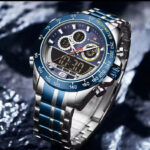 "Front view of Naviforce Gents NF9188 watch featuring a black dial with a stainless steel strap."