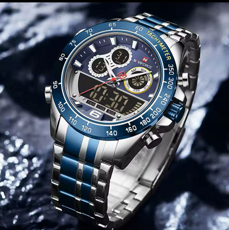 "Front view of Naviforce Gents NF9188 watch featuring a black dial with a stainless steel strap."