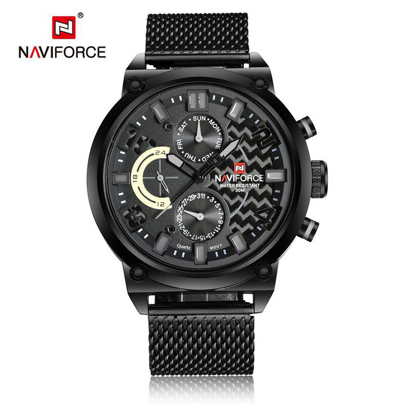 "Front view of the Naviforce NF9068S watch, featuring a bold analog dial with luminous hands and hour markers, and a date display "
