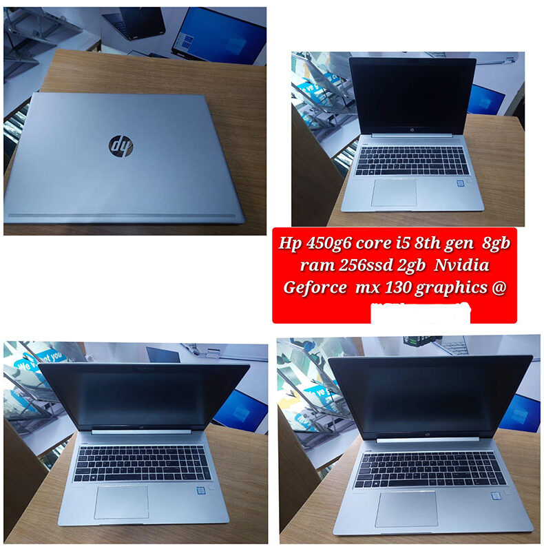 "HP ProBook 450 G6 laptop with an Intel Core i5 8th Gen processor, 8GB RAM, 256GB SSD, and 2GB NVIDIA GeForce MX130 graphics card, displayed on a white background. Sleek design with a professional build, ideal for business and productivity tasks."