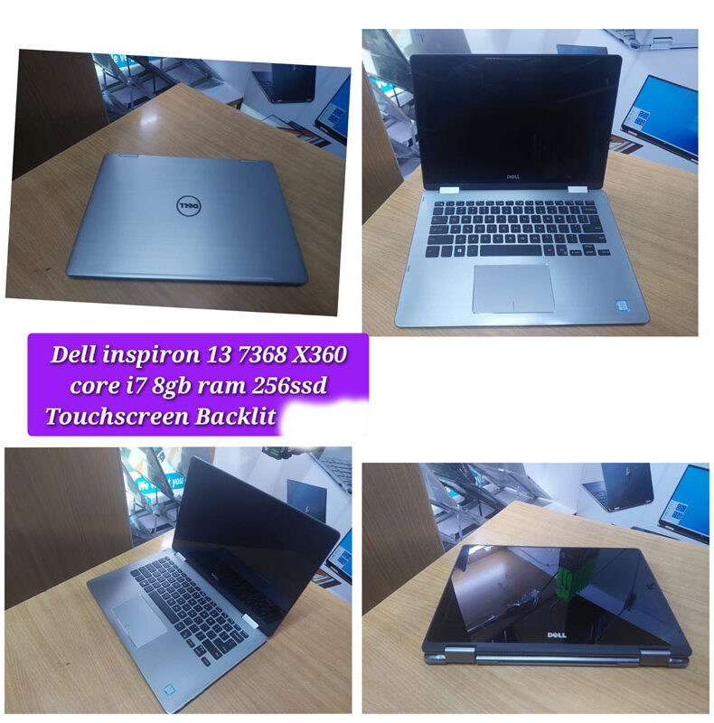 "Dell Inspiron 13 7368 2-in-1 laptop with a 13.3-inch Full HD touchscreen, 360-degree hinge, Intel Core i7 processor, 8GB RAM, 256GB SSD, and a backlit keyboard"