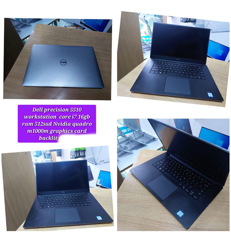 "Dell Precision 5510 workstation laptop featuring Core i7, 16GB RAM, 512GB SSD, NVIDIA Quadro M1000M graphics, and backlit keyboard."