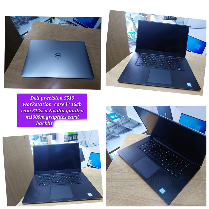 "Dell Precision 5510 workstation laptop featuring Core i7, 16GB RAM, 512GB SSD, NVIDIA Quadro M1000M graphics, and backlit keyboard."