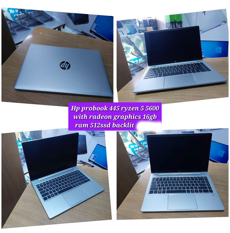 "HP ProBook 445 laptop featuring Ryzen 5 5600U processor with Radeon graphics, 16GB RAM, 512GB SSD, and backlit keyboard."