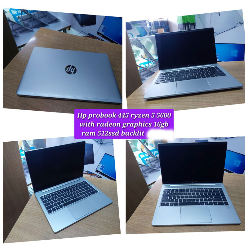 "HP ProBook 445 laptop featuring Ryzen 5 5600U processor with Radeon graphics, 16GB RAM, 512GB SSD, and backlit keyboard."