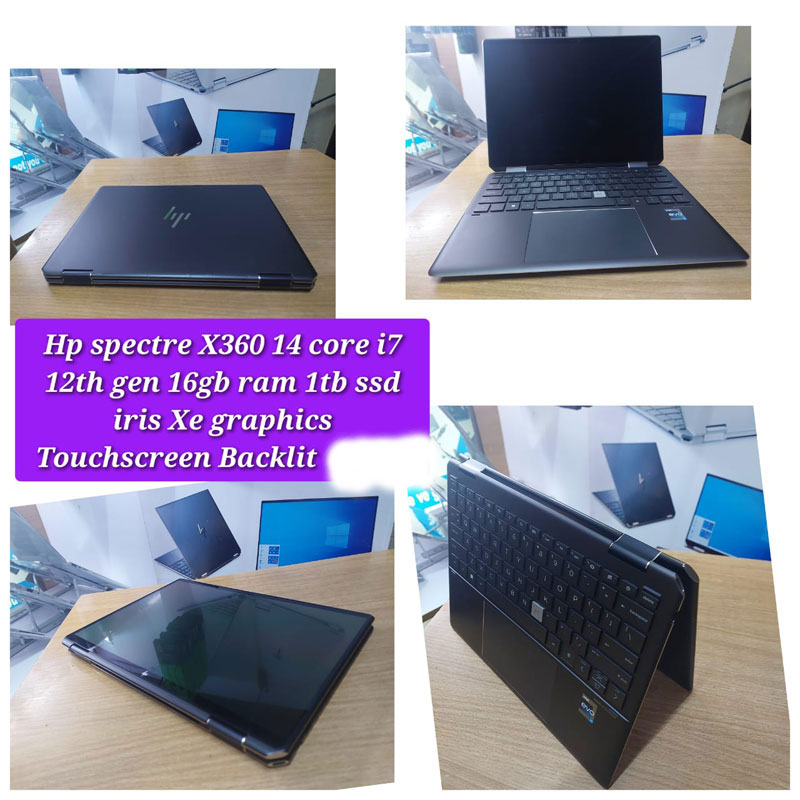 "HP Spectre x360 14 laptop featuring Core i7 (12th Gen) processor, 16GB RAM, 1TB SSD, Intel Iris Xe Graphics, touchscreen, and backlit keyboard."