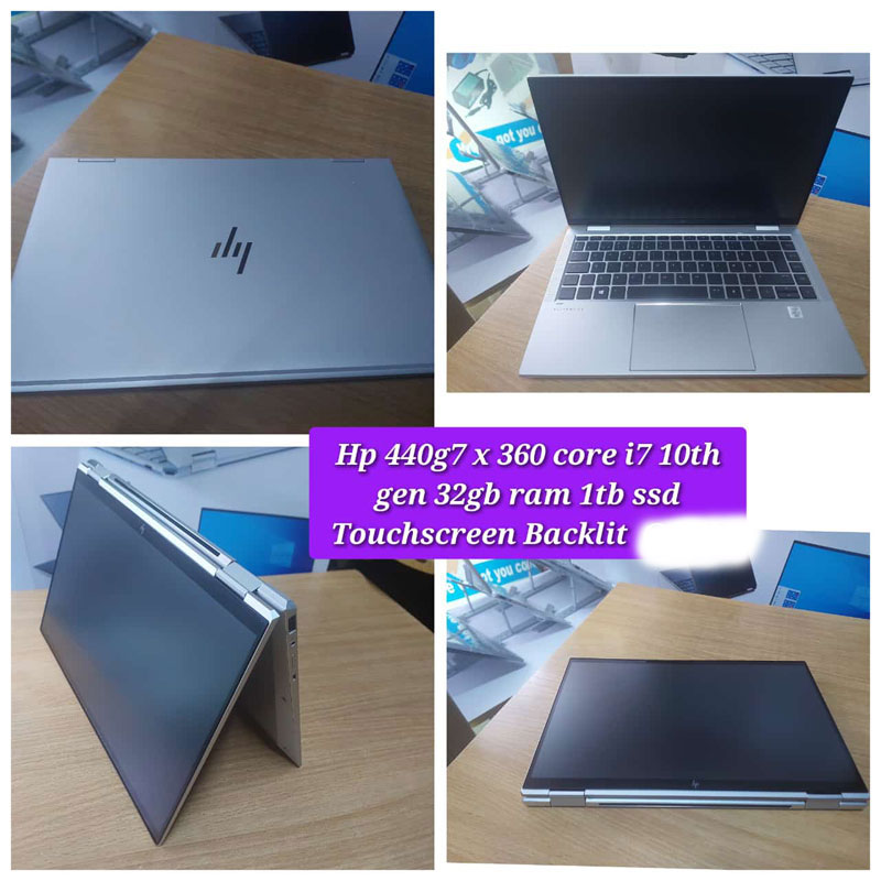 "HP ProBook 440 G7 2-in-1 laptop with touchscreen, Core i7, 32GB RAM, 1TB SSD, and backlit keyboard."