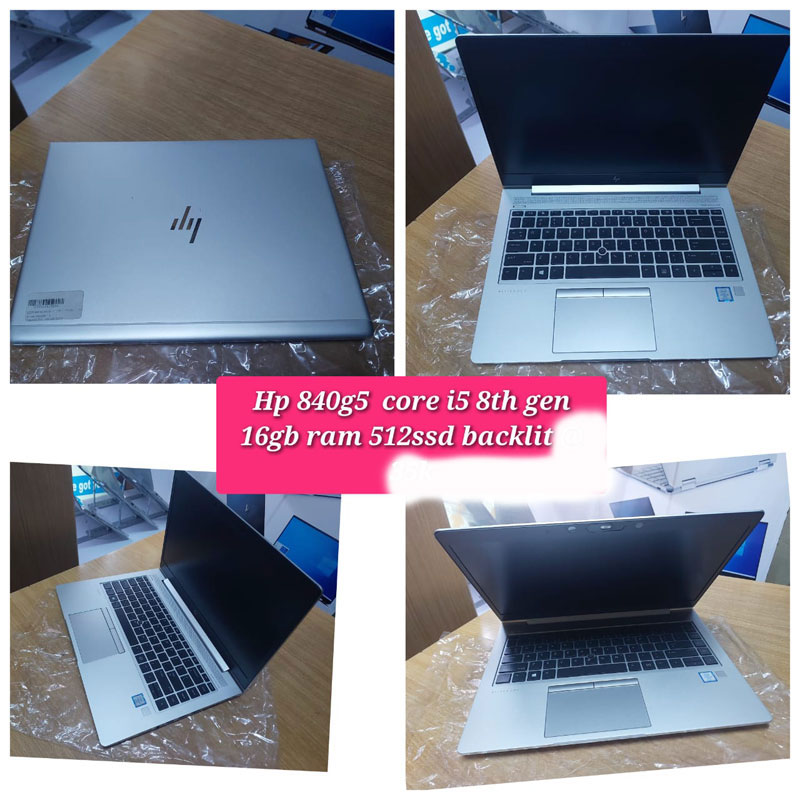 "HP EliteBook 840 G5 laptop with 8th Gen Intel Core i5 processor, 16GB RAM, 512GB SSD, 14-inch display, and backlit keyboard."
