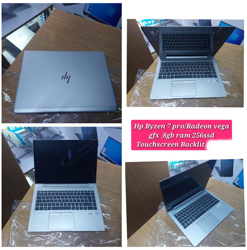 "HP Ryzen 7 Pro laptop featuring Radeon Vega graphics, 8GB RAM, 256GB SSD, and a responsive 14-inch touchscreen."