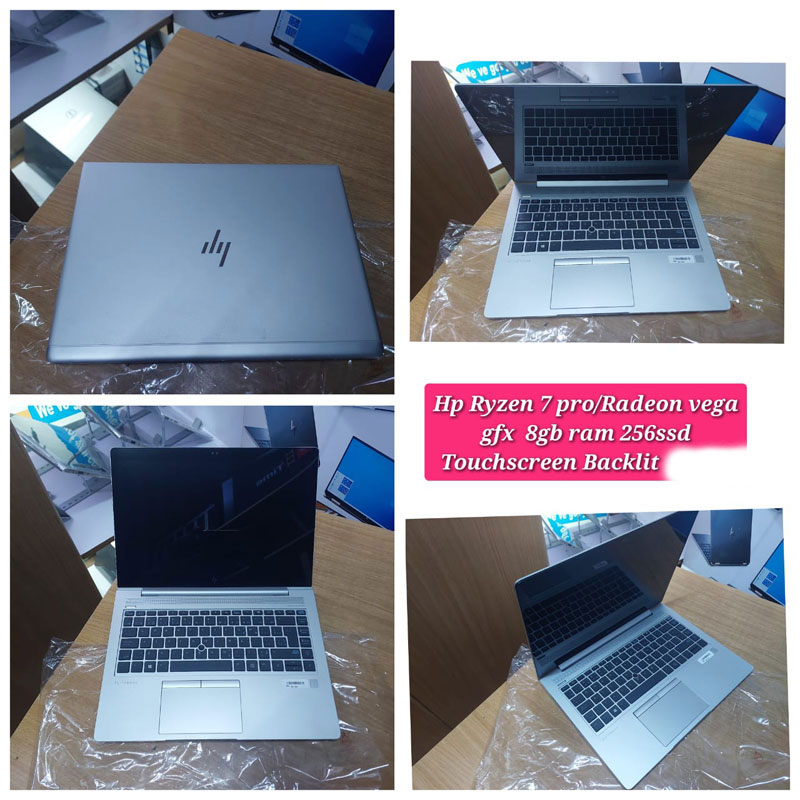 "HP Ryzen 7 Pro laptop featuring Radeon Vega graphics, 8GB RAM, 256GB SSD, and a responsive 14-inch touchscreen."