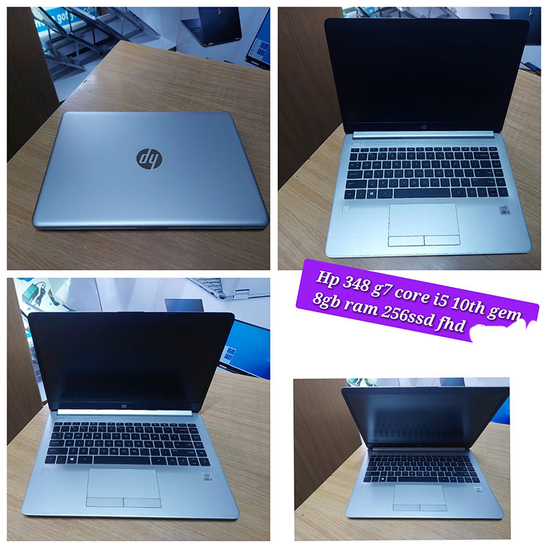 "HP 348 G7 laptop featuring a 10th Gen Intel Core i5 processor, 8GB RAM, 256GB SSD, and a 14-inch Full HD display, designed for productivity and portability with a sleek and compact design."