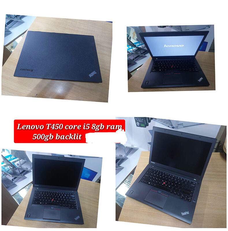 "Lenovo ThinkPad T450 laptop featuring an Intel Core i5 processor, 8GB RAM, 500GB HDD, and a durable, lightweight design with a backlit keyboard, ideal for productivity and professional use."