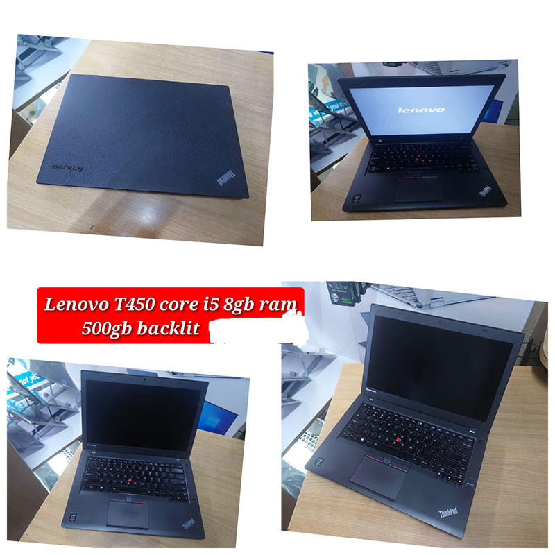 "Lenovo ThinkPad T450 laptop featuring an Intel Core i5 processor, 8GB RAM, 500GB HDD, and a durable, lightweight design with a backlit keyboard, ideal for productivity and professional use."