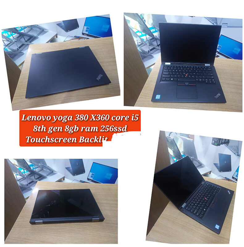 "Lenovo Yoga 380 convertible laptop with a 360° hinge, 13.3-inch Full HD touchscreen, Intel Core i5 8th Gen processor, 8GB RAM, and 256GB SSD"