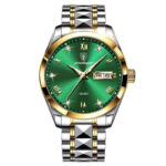 "Poedagar Quartz Watch front view showing the sleek stainless steel design, analog display, and day and date windows."