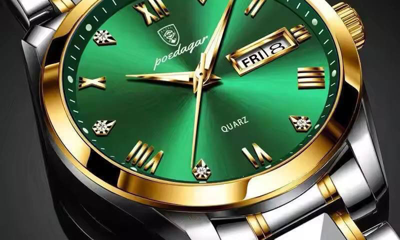 "Side view of Poedagar Quartz Watch highlighting the durable stainless steel case and crown details."