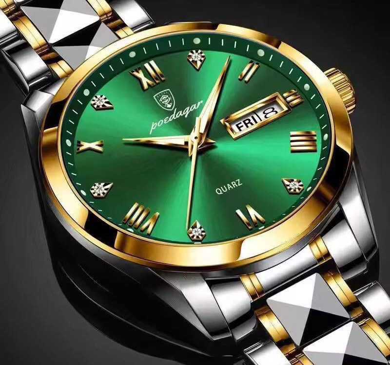 "Side view of Poedagar Quartz Watch highlighting the durable stainless steel case and crown details."