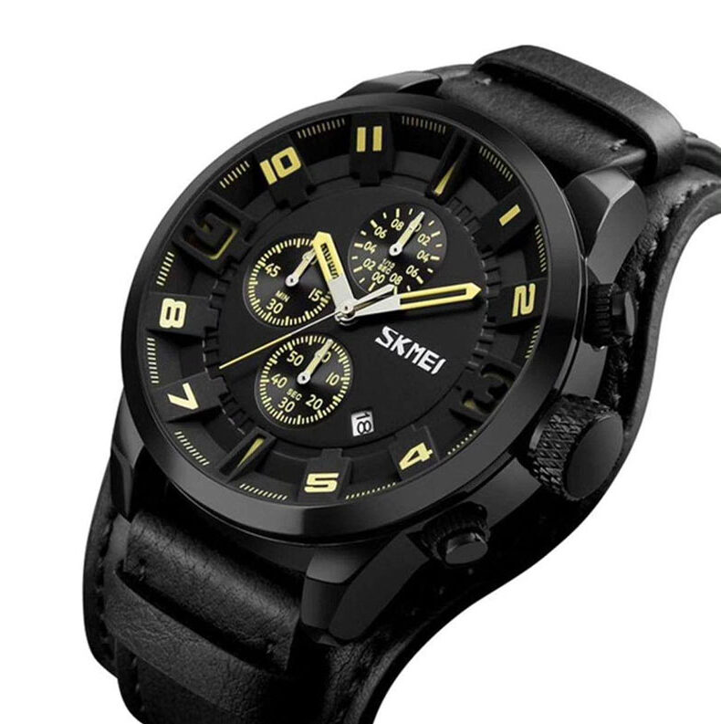 "Side view of SKMEI 9165 watch highlighting the sleek alloy case and adjustment knobs."